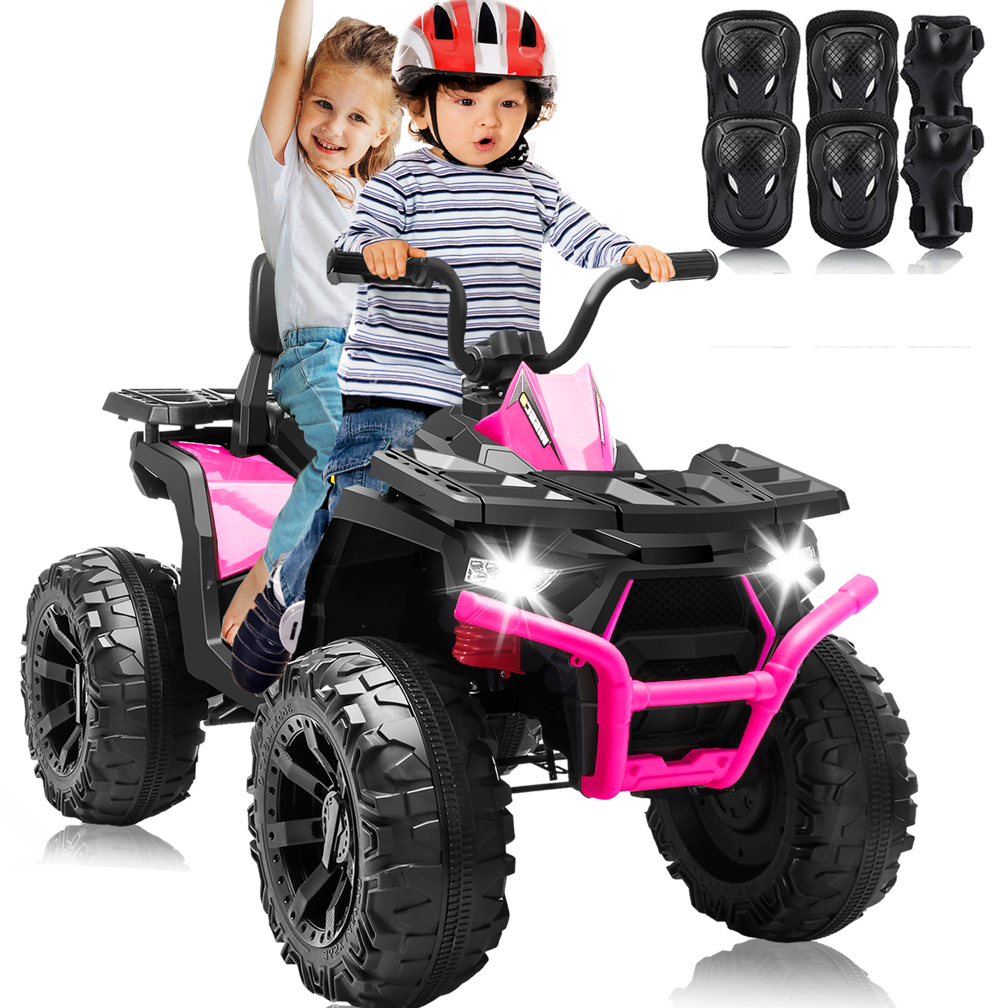 BLISSRIDE 24V Kids ATV 4 Wheeler, 2 Seater Ride on Toy for Big Kids with 400W Motor, 9AH Battery Powered, Protective Gear Set, Bluetooth Music, LED Lights, Spring Suspension, Electric Quad for Boys&Girls,Rose Red