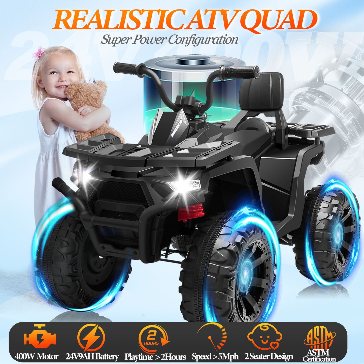 BLISSRIDE 24V Kids ATV 4 Wheeler, 2 Seater Ride on Toy for Big Kids with 400W Motor, 9AH Battery Powered, Protective Gear Set, Bluetooth Music, LED Lights, Spring Suspension, Electric Quad for Boys&Girls,Rose Red