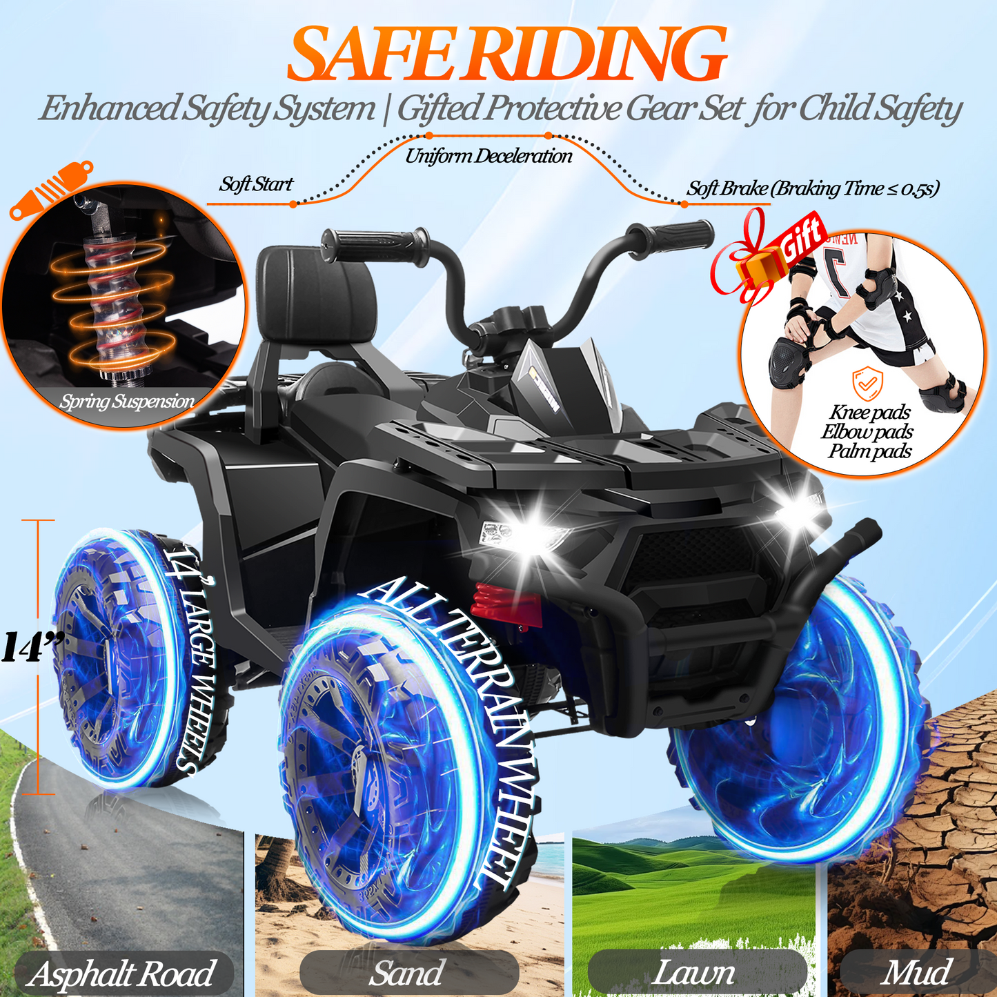 BLISSRIDE 24V Kids ATV 4 Wheeler, 2 Seater Ride on Toy for Big Kids with 400W Motor, 9AH Battery Powered, Protective Gear Set, Bluetooth Music, LED Lights, Spring Suspension, Electric Quad for Boys&Girls,Rose Red