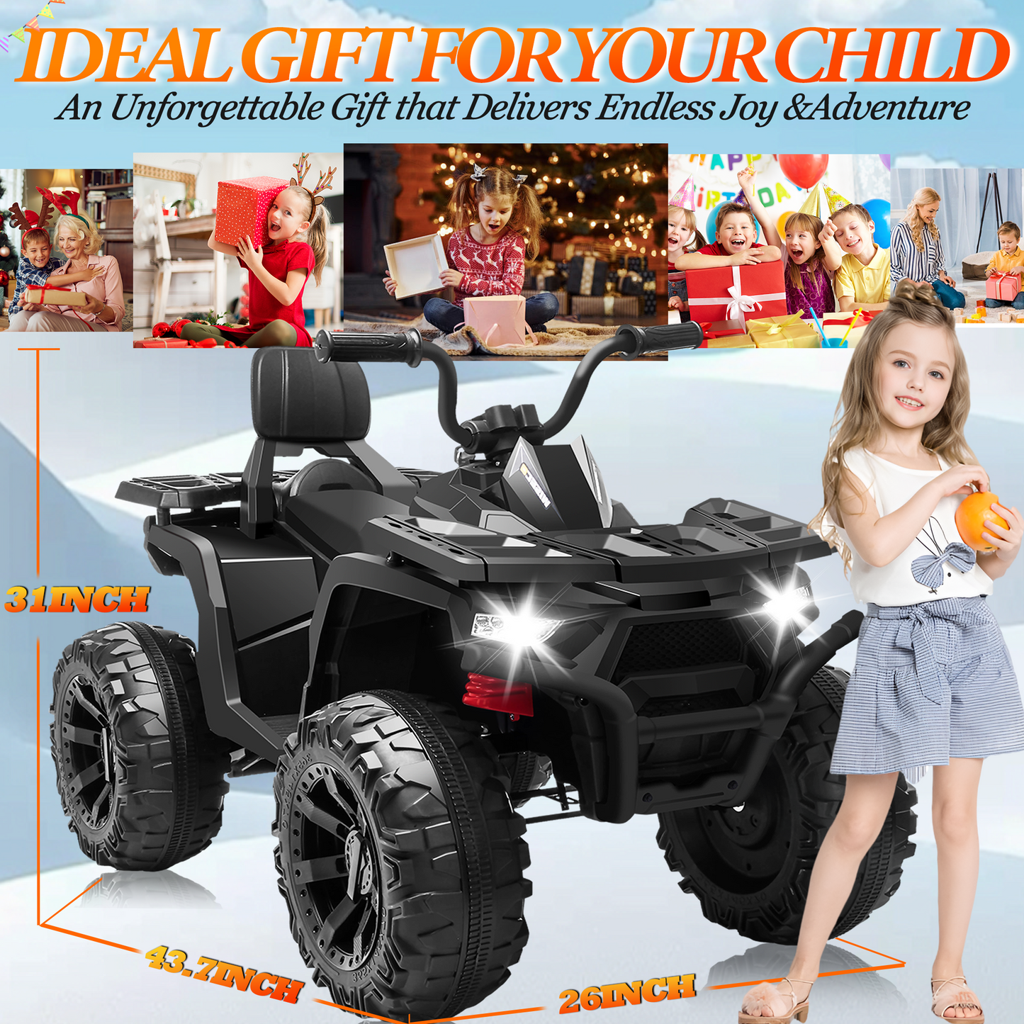 BLISSRIDE 24V Kids ATV 4 Wheeler, 2 Seater Ride on Toy for Big Kids with 400W Motor, 9AH Battery Powered, Protective Gear Set, Bluetooth Music, LED Lights, Spring Suspension, Electric Quad for Boys&Girls,Rose Red